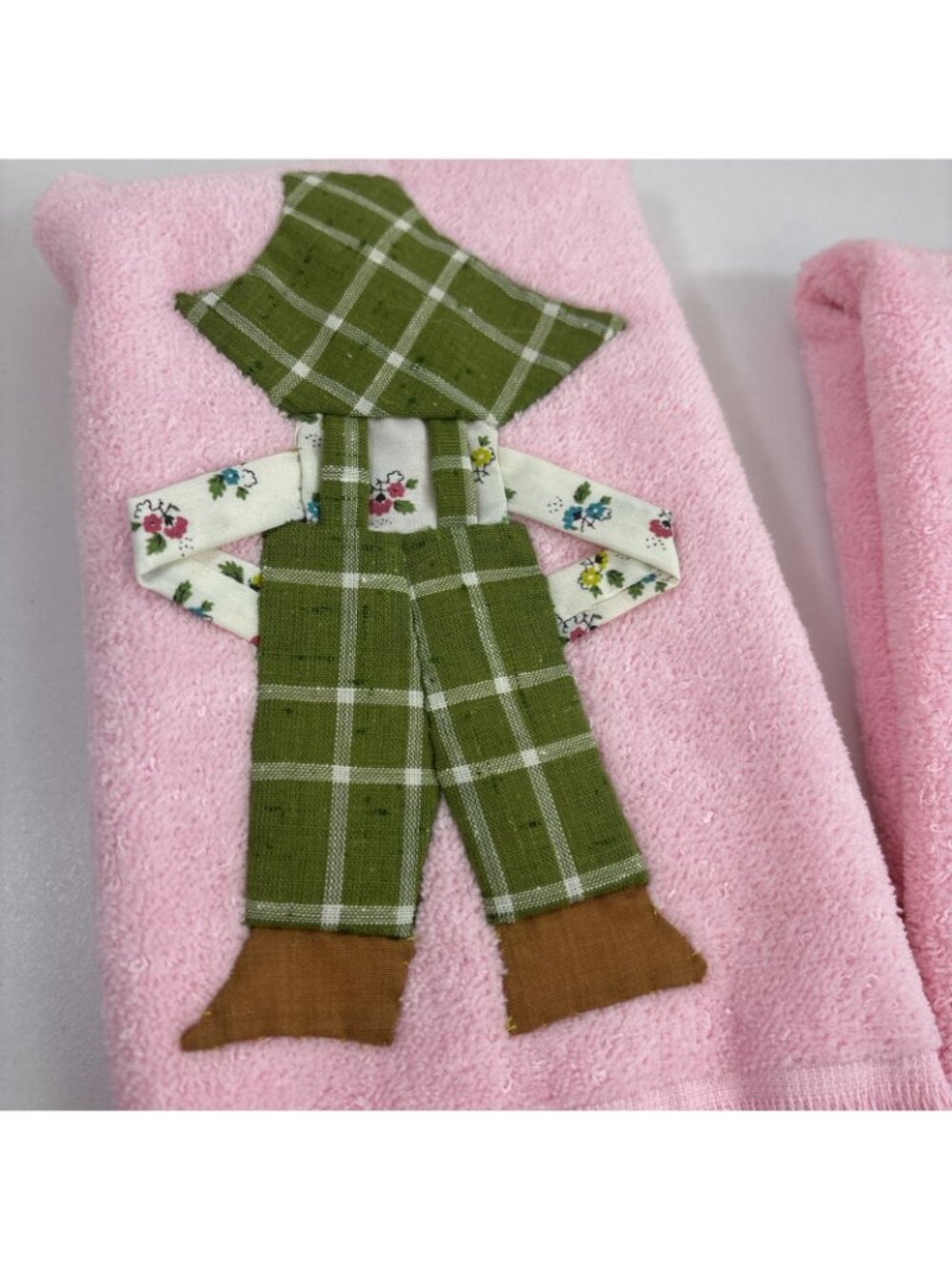 Vtg Appliquéd Amish Style Fieldcrest Hand Towels Pink Green Boy Girl - Picture 2 of 5